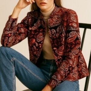 Molly & Maxx Brocade Zippered Boho Metallic Stitch Paisley Jacket Red Black Sm